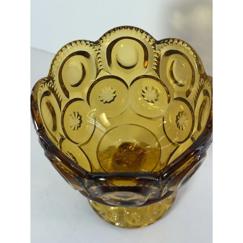 Vintage Amber Glass Moon and Stars Pedestal Candy Compote Scalloped Dish
